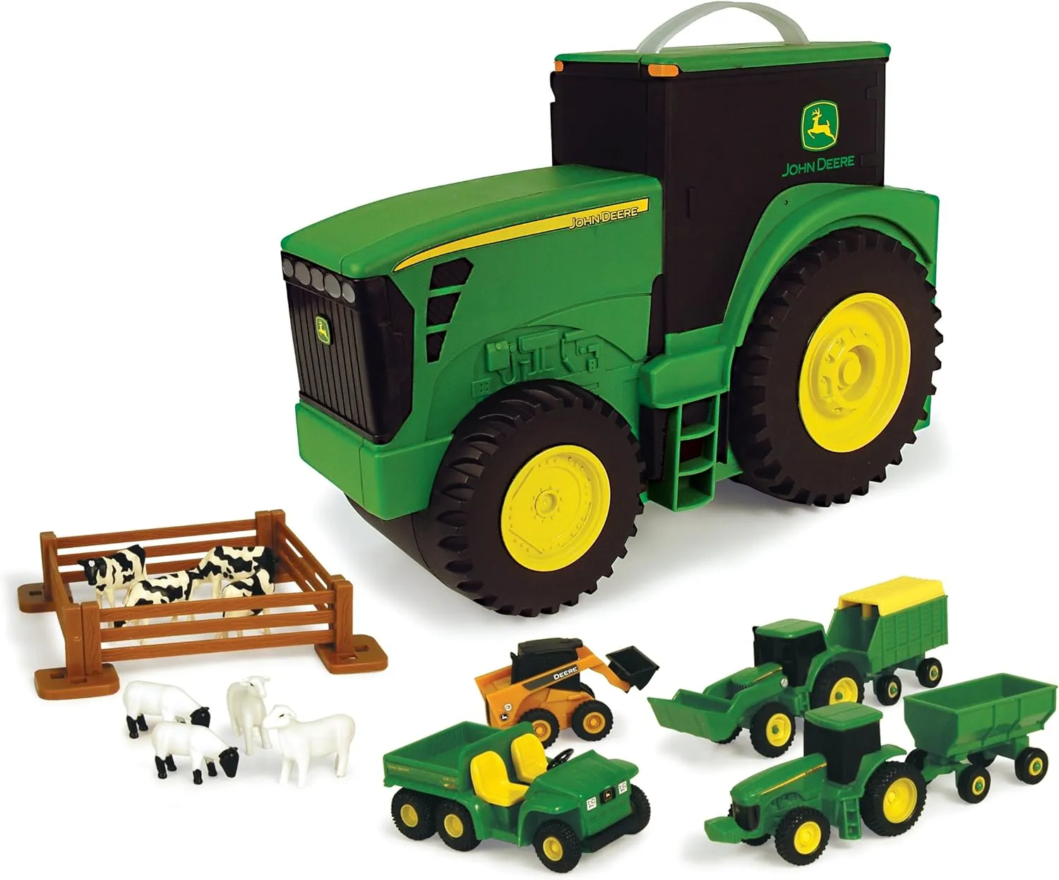 John Deere Value Set and Carrying Case - Portable Tractor-Shaped Carrying Case with 10 Compartments - Farm Toys - 18 Count - 3 Years and Up