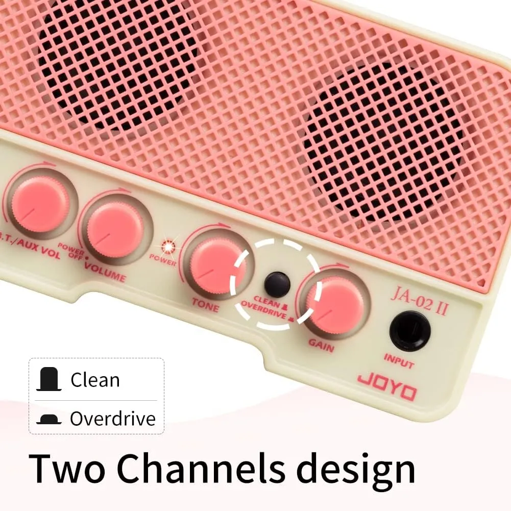JOYO 5W Mini Practice Guitar Combo Amp Rechargeable Small Guitar Headphone Amplifier Clean Overdrive Two Channels with Bluetooth (JA-02 II Pink)