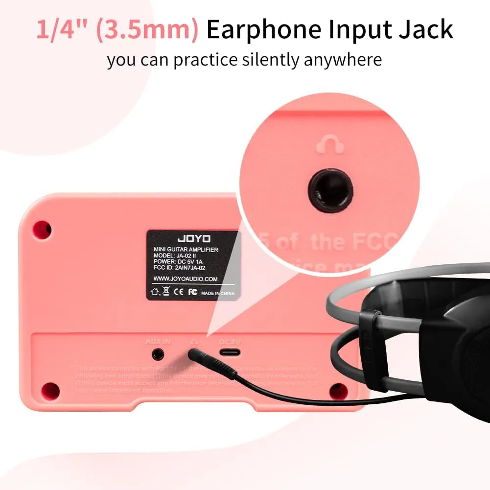 JOYO 5W Mini Practice Guitar Combo Amp Rechargeable Small Guitar Headphone Amplifier Clean Overdrive Two Channels with Bluetooth (JA-02 II Pink)