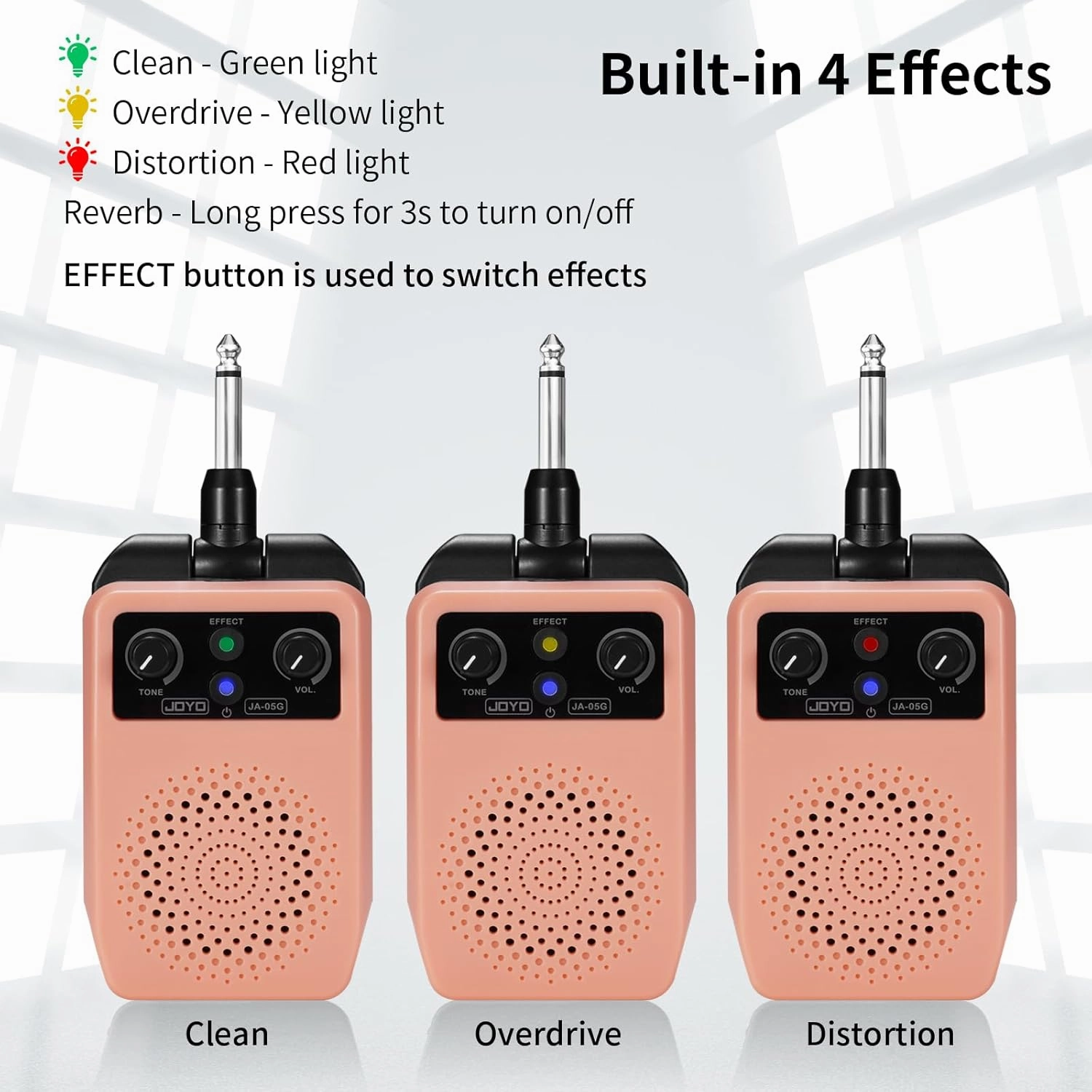 JOYO Small Portable Guitar Amp 5W Mini Guitar Amplifier Rechargeable Electric Guitar Amp for Practice with Bluetooth, 4 Effects Clean Distortion Overdrive Reverb, Pink (JA-05G)