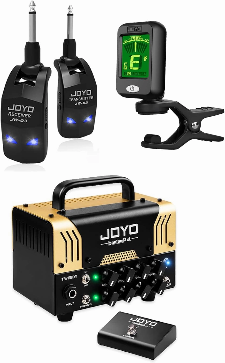 JOYO Tweedy Mini Amplifier Tube Head 20 Watt Preamp 2 Channel Hybrid, JW-03 Wireless Transmitter Receiver and JT-09 Clip on Digital Tuner