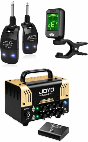 JOYO Tweedy Mini Amplifier Tube Head 20 Watt Preamp 2 Channel Hybrid, JW-03 Wireless Transmitter Receiver and JT-09 Clip on Digital Tuner