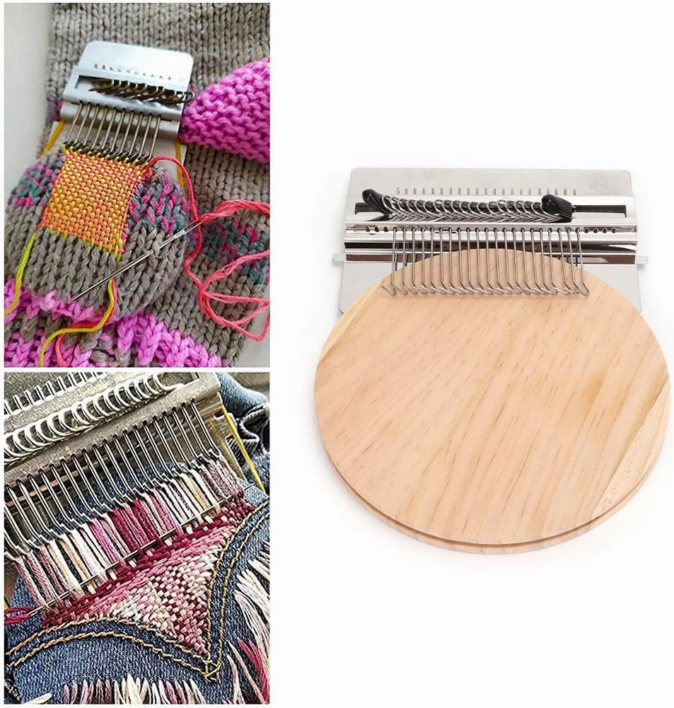 Joyzan Darning Loom, Small Speedweve Weave Machine Mini Mending Stamping Loom Wooden Stainless Steel Weaving Tool Kit Jeans Socks Clothes Stitching Knitting DIY Arts Beginners Repair Holes 21 Hooks