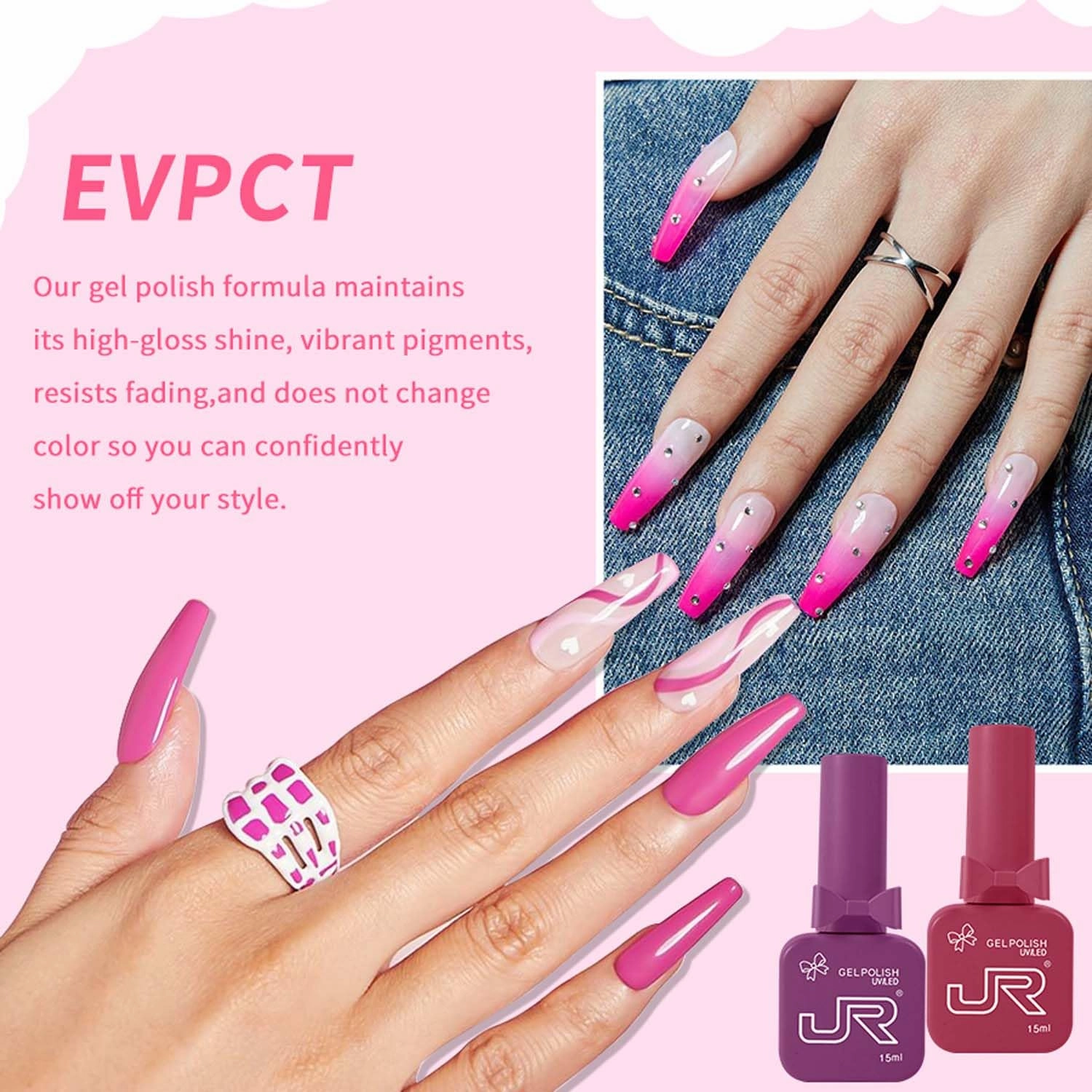 JR New 9pcs 15ml Gel Nail Polish Set Pink Gel Polish Kit Soak Off Polish Nail Art Manicure Salon DIY Home Top Coat Base Coat Gift G