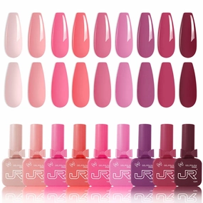 JR New 9pcs 15ml Gel Nail Polish Set Pink Gel Polish Kit Soak Off Polish Nail Art Manicure Salon DIY Home Top Coat Base Coat Gift G