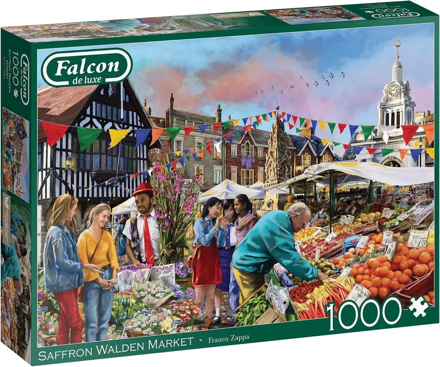 Jumbo -Falcon de Luxe Saffron Walden Market 1000-Piece Jigsaw Puzzle - Franco Zappa Illustration - Vibrant Market Day Scene - Premium Recycled Board - Poster-Like Finish - Eco-Friendly Packaging