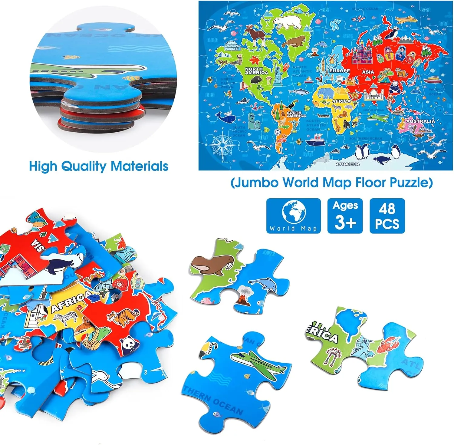 Jumbo Floor Puzzle for Kids,World Map Puzzle Jigsaw Geography Puzzles,48 Piece Globe Atlas Puzzle with Continents,United States Puzzle for Ages 3-5,Preschool Learning Toys Gift for 4-8 Years Old
