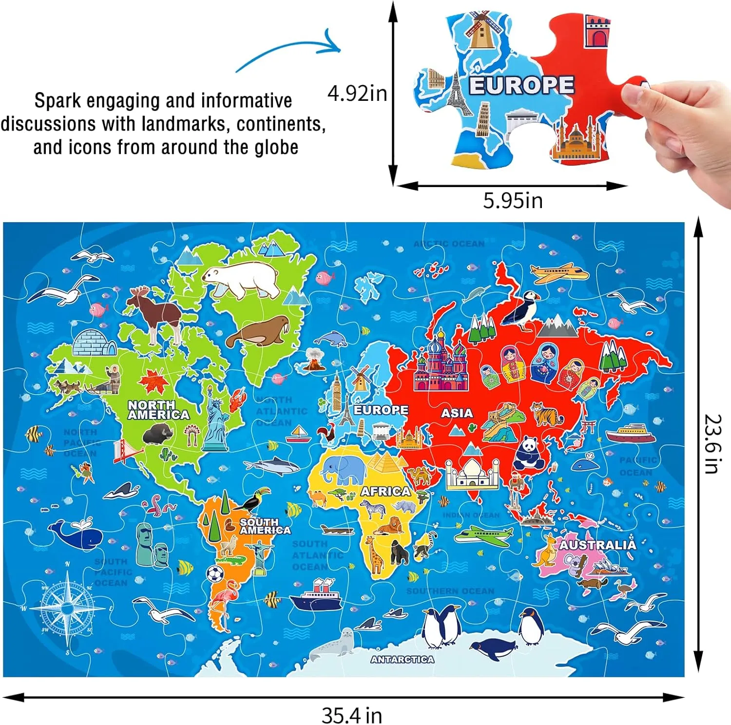 Jumbo Floor Puzzle for Kids,World Map Puzzle Jigsaw Geography Puzzles,48 Piece Globe Atlas Puzzle with Continents,United States Puzzle for Ages 3-5,Preschool Learning Toys Gift for 4-8 Years Old