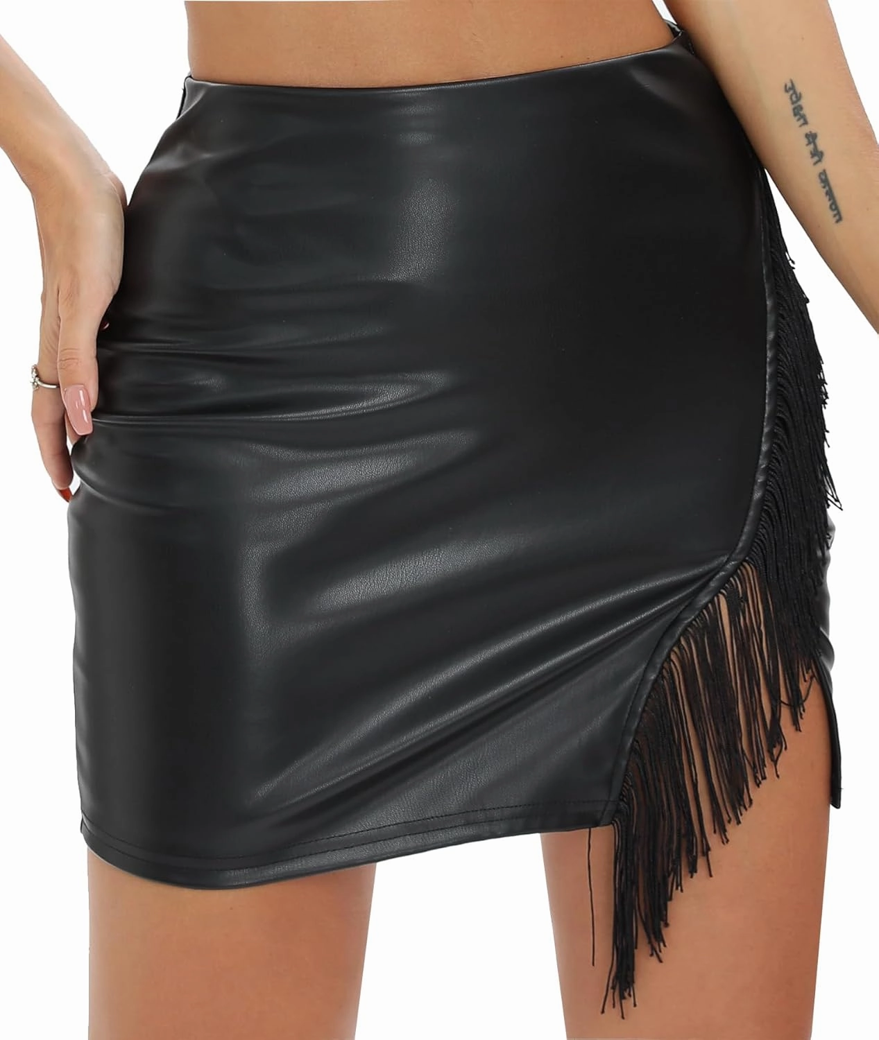 Just Quella Women's Classic High Waist Sexy Slim Mini Pencil Leather Skirts (No Belt)