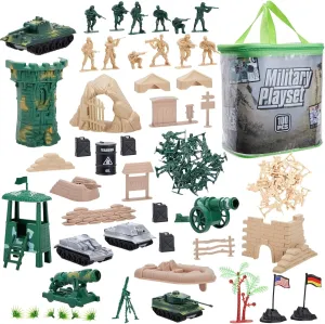Juvale Army Men Toy Soldiers Playset for Boys - Small Plastic Action Figures, Military Battlefield Fort Accessories, Tanks - 100-Piece Military Toys, Action Figure , and Army Guys