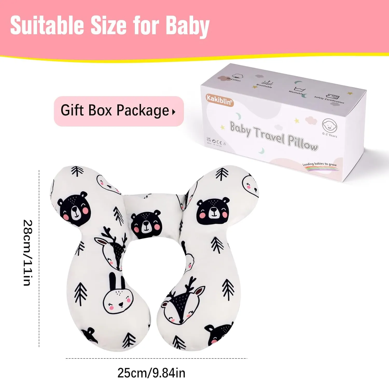 KAKIBLIN Baby Travel Pillow, Baby Pillow for Head and Neck, Upgraded Baby Support Pillow, Baby Neck Pillows for Car Seat,Pushchair,Travel(Bear)
