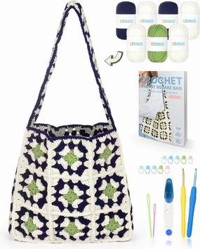 Katech Granny Square Crochet Kit for Beginners-Beginners Crochet Bag Kits for Adults and Kids w/Easy to Follow Instructions-Learn to Crochet Starter Kits w/Crochet Yarn for Crocheting