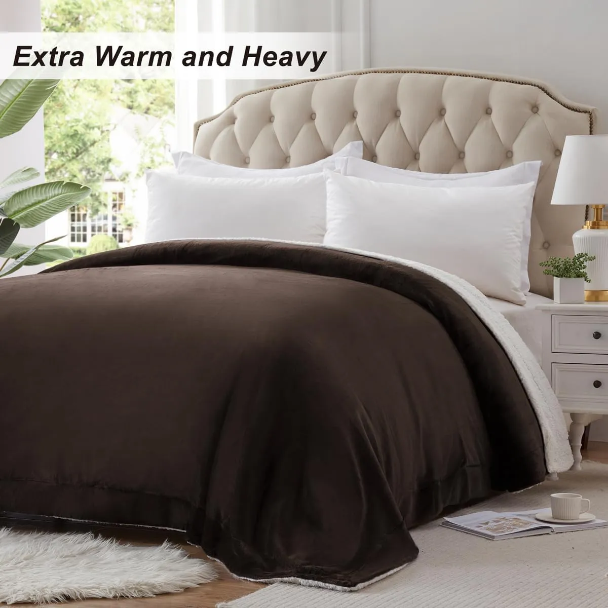 KAWAHOME Sherpa Fleece Queen Size Blanket for Bed - Extra Warm and Heavy Thick Blankets for Winter, Super Soft 500GSM Plush Blanket, 90"X 90" Brown
