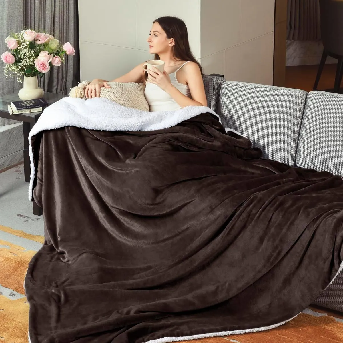 KAWAHOME Sherpa Fleece Queen Size Blanket for Bed - Extra Warm and Heavy Thick Blankets for Winter, Super Soft 500GSM Plush Blanket, 90"X 90" Brown