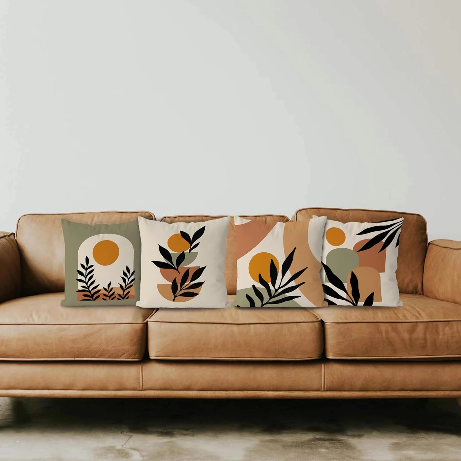 KEUSPI Boho Pillow Covers, Boho Mid Century Sun Botanical Leaf Mountain Nature Throw Pillow Covers,Boho Throw Pillow Covers 18×18 Set of 4,Bohemian Home Decor,Boho Gifts for Women Girls