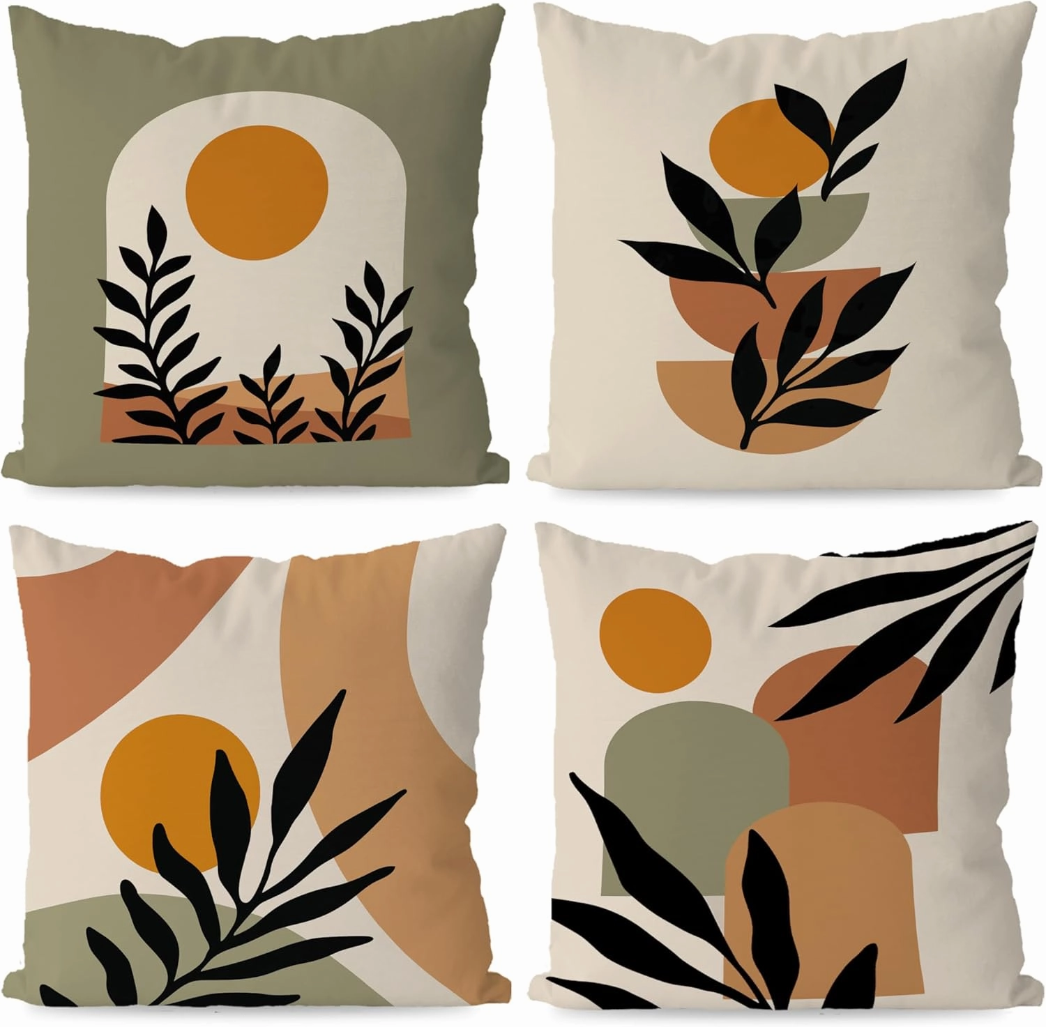 KEUSPI Boho Pillow Covers, Boho Mid Century Sun Botanical Leaf Mountain Nature Throw Pillow Covers,Boho Throw Pillow Covers 18×18 Set of 4,Bohemian Home Decor,Boho Gifts for Women Girls