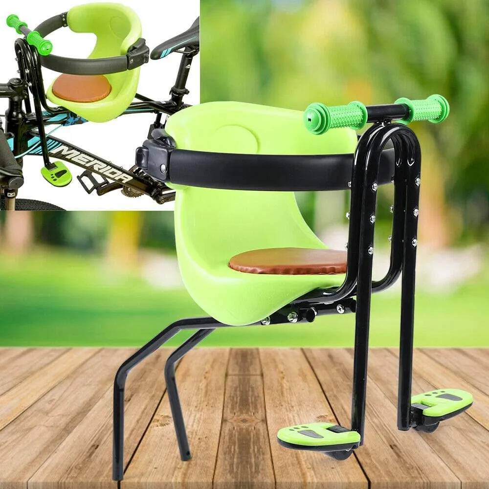 Kids Bike Seat, Front Mounted Child Bike seat with Safety Belt and Handrail, Portable Baby Bicycle Seat for Adult Bike, Children's Saddle Back with Footrest and Seat Cushion,Blue