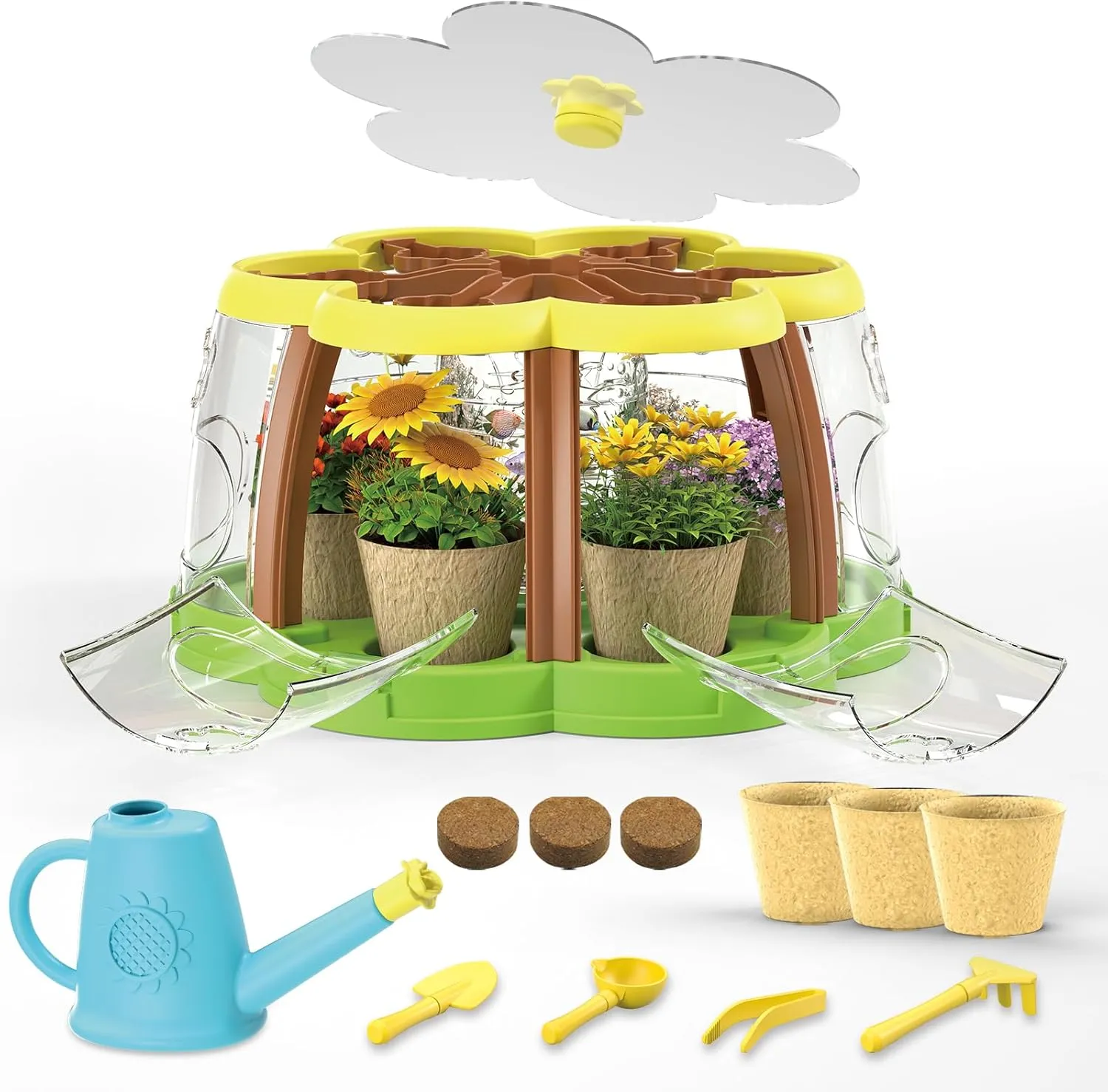 Kids Plant Growing Kit - Greenhouse Flower Plant Growing Kit with Upgraded Garden Tools Watering Can – Kids Gardening Set - Educational Creative Thinking Toddler Gardening Set