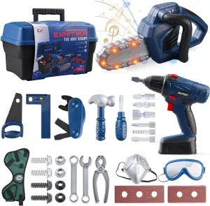 Kids Tool Set - 32 Pc Beginner Set with Tool Box & Toy Chainsaw & Drill - Pretend Play for Kids 3-8