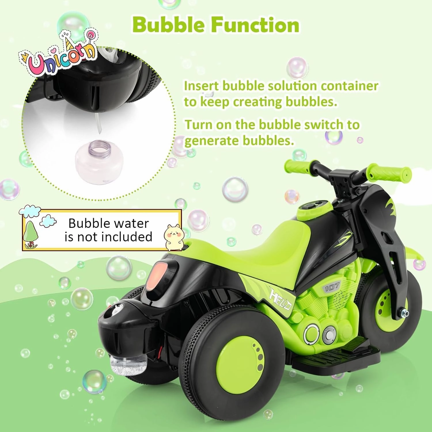 Kids Ride On Motorcycle with Bubble Maker, 6V Battery Powered Toddler Motorcycle with LED Light, Music, Foot Pedal, Forward/Backward, 3-Wheel Electric Motorcycle Gift for Boys & Girls (Green)