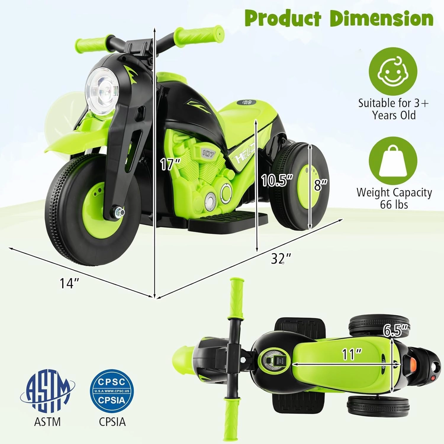 Kids Ride On Motorcycle with Bubble Maker, 6V Battery Powered Toddler Motorcycle with LED Light, Music, Foot Pedal, Forward/Backward, 3-Wheel Electric Motorcycle Gift for Boys & Girls (Green)