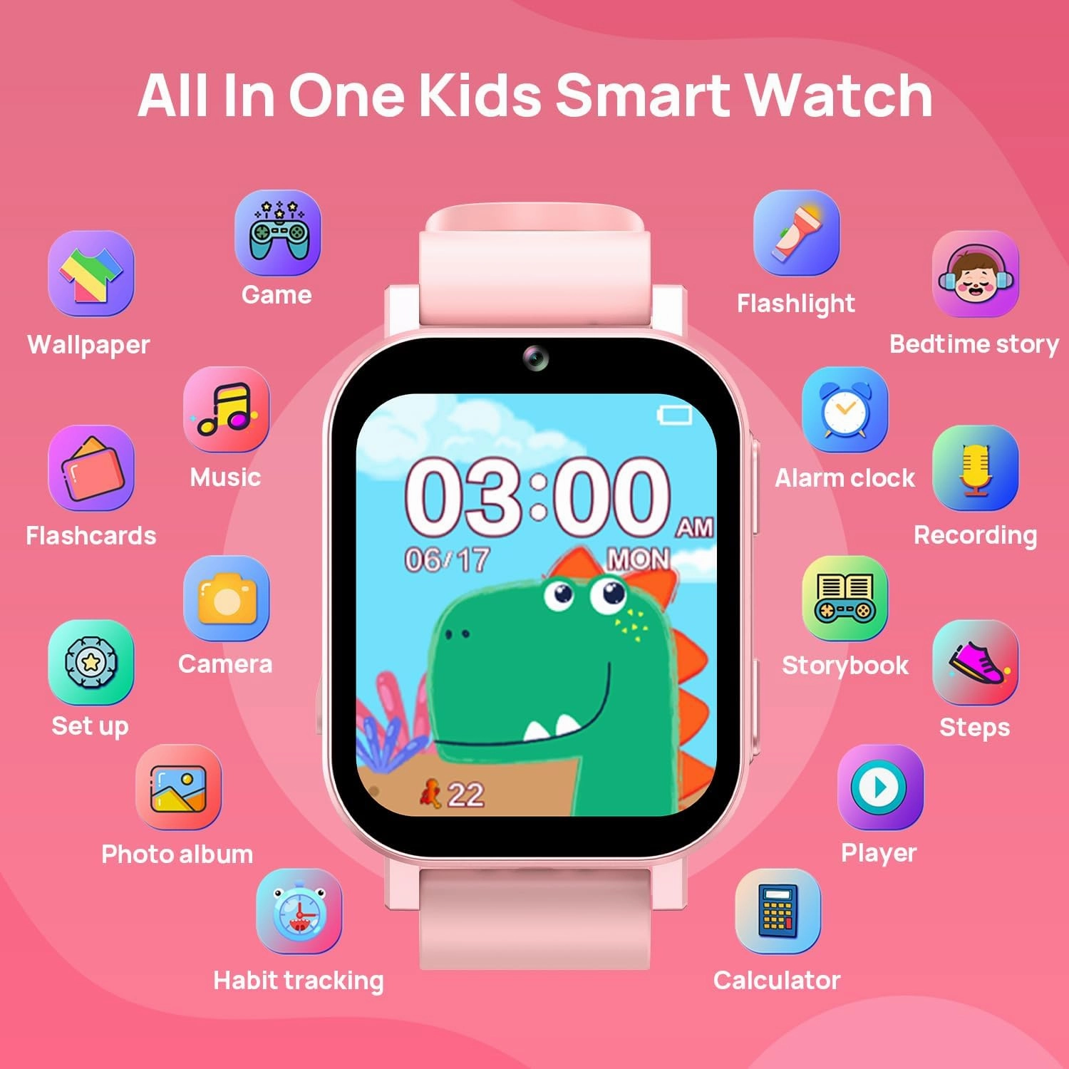 Kids Smart Watch Toys with 30 Games Alarm Camera Video Recorder Music Calculator Calendar Flashlight Stopwatch Pedometer Gift Toys for 3-12 Years Old Boys and Girls, Pink
