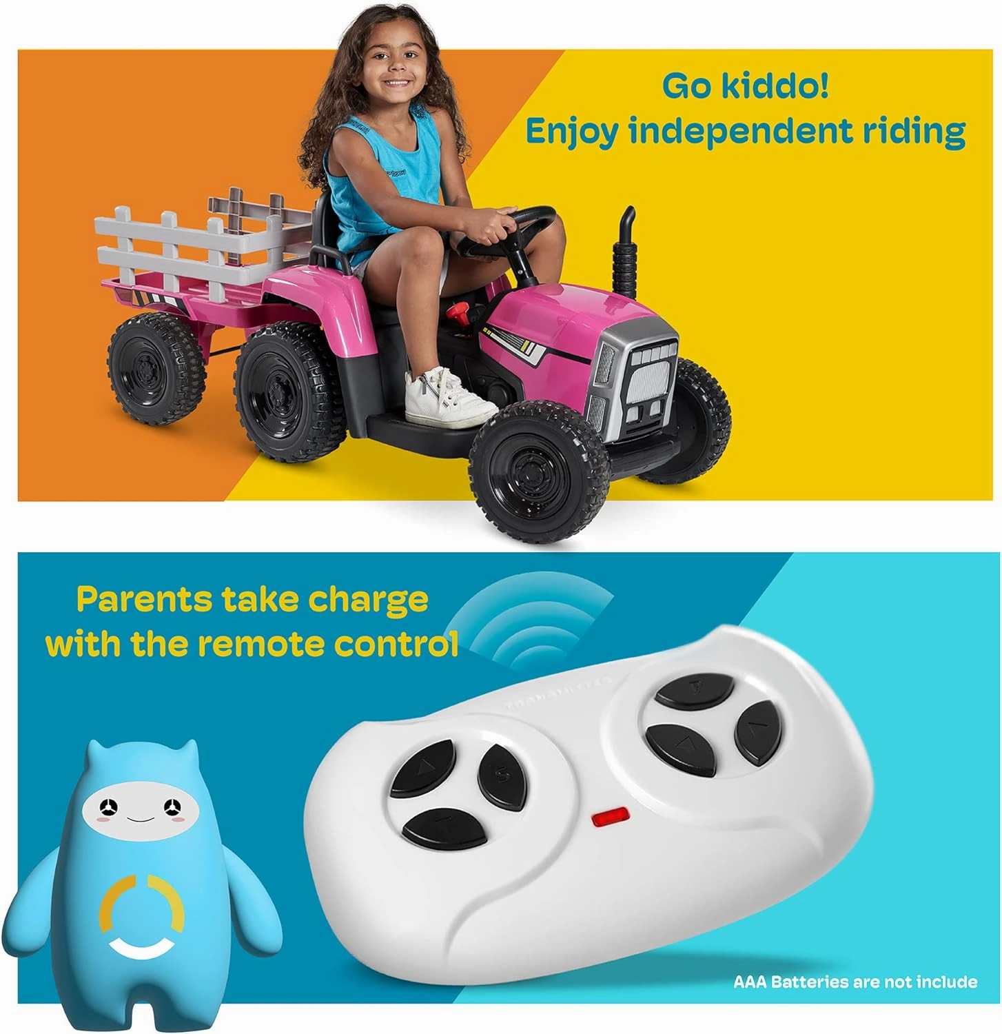 Kidzone 12V 7AH Premium Version with EVA Treaded Tires Dual 35W Motors Boost Power Torque Remote Control Powered Electric Tractor with Trailer Toddler Ride On Toy 3-Gear-Shift, 7-LED Lights, MP3