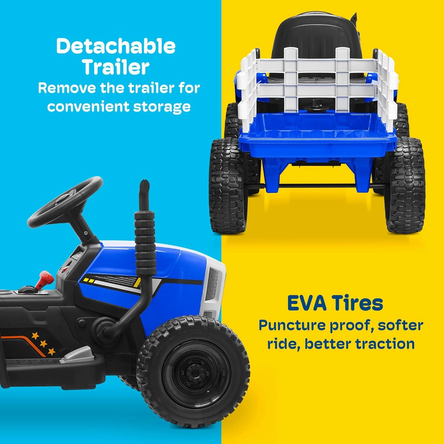 Kidzone 12V 7AH Premium Version with EVA Treaded Tires Dual 35W Motors Boost Power Torque Remote Control Powered Electric Tractor with Trailer Toddler Ride On Toy 3-Gear-Shift, 7-LED Lights, MP3