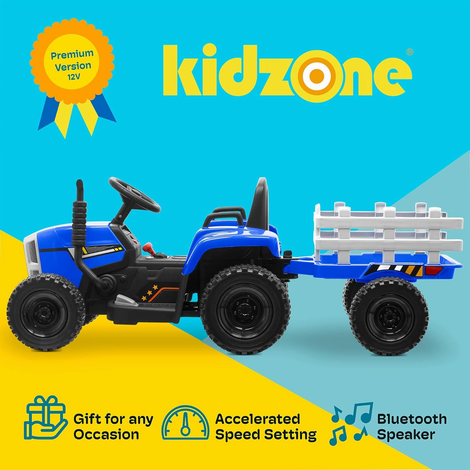 Kidzone 12V 7AH Premium Version with EVA Treaded Tires Dual 35W Motors Boost Power Torque Remote Control Powered Electric Tractor with Trailer Toddler Ride On Toy 3-Gear-Shift, 7-LED Lights, MP3