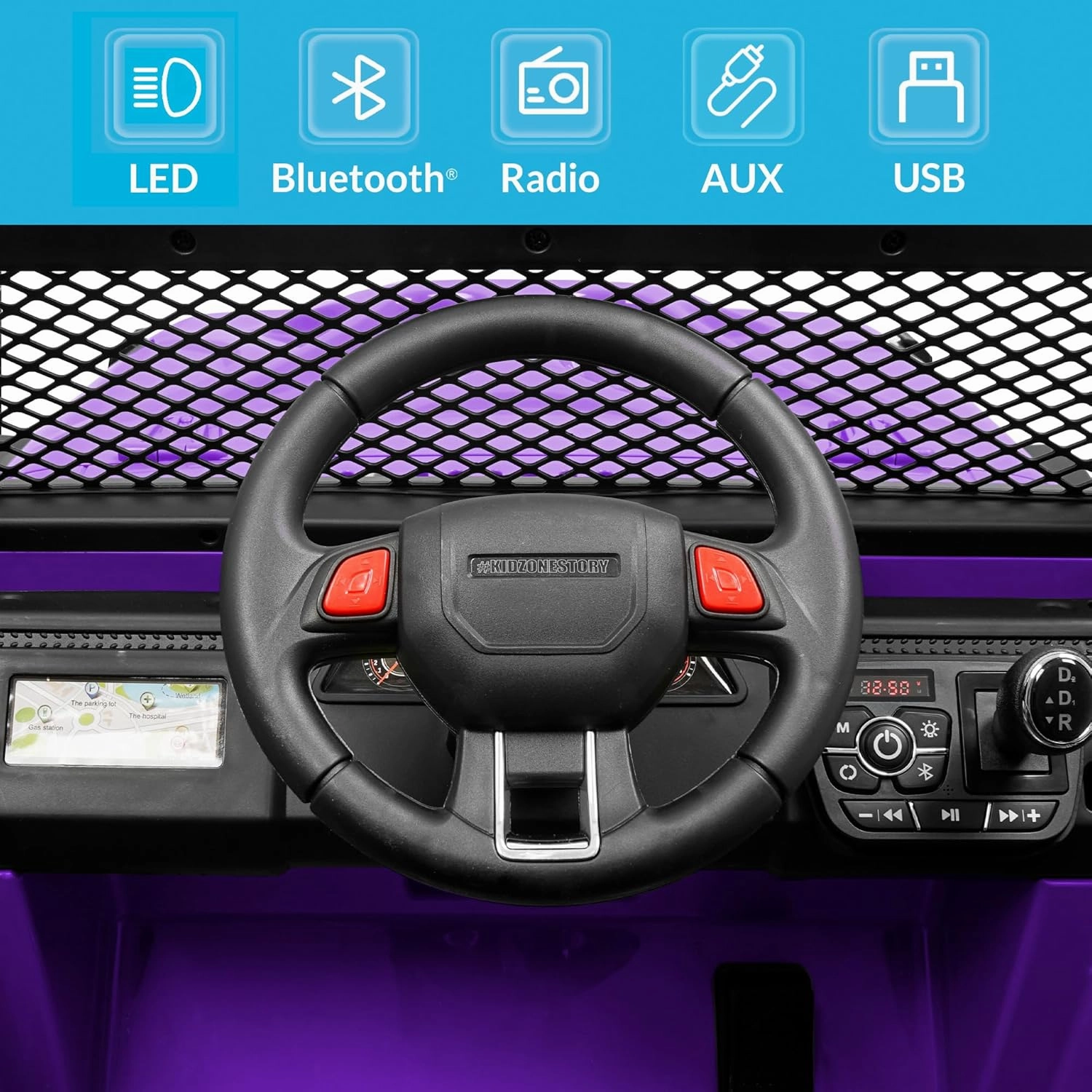 Kidzone 2-Seater 12V Kids Ride On Truck with VOVO Soft Plushie Electric Car w/Remote Control, 4-Wheeler Suspension, 3 Speeds, LED Lights, Personalize License Plate, MP3, Bluetooth, Radio - Purple