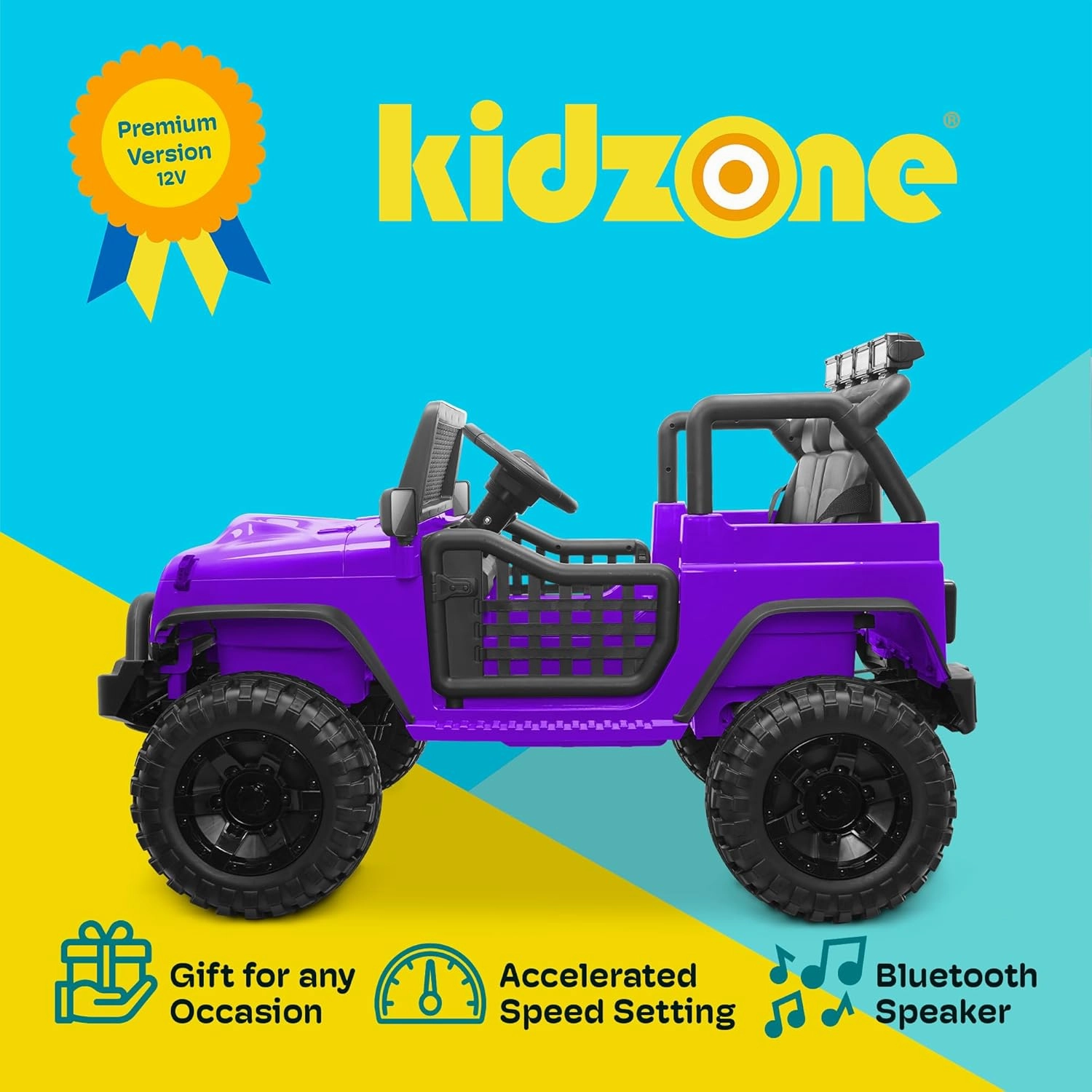Kidzone 2-Seater 12V Kids Ride On Truck with VOVO Soft Plushie Electric Car w/Remote Control, 4-Wheeler Suspension, 3 Speeds, LED Lights, Personalize License Plate, MP3, Bluetooth, Radio - Purple
