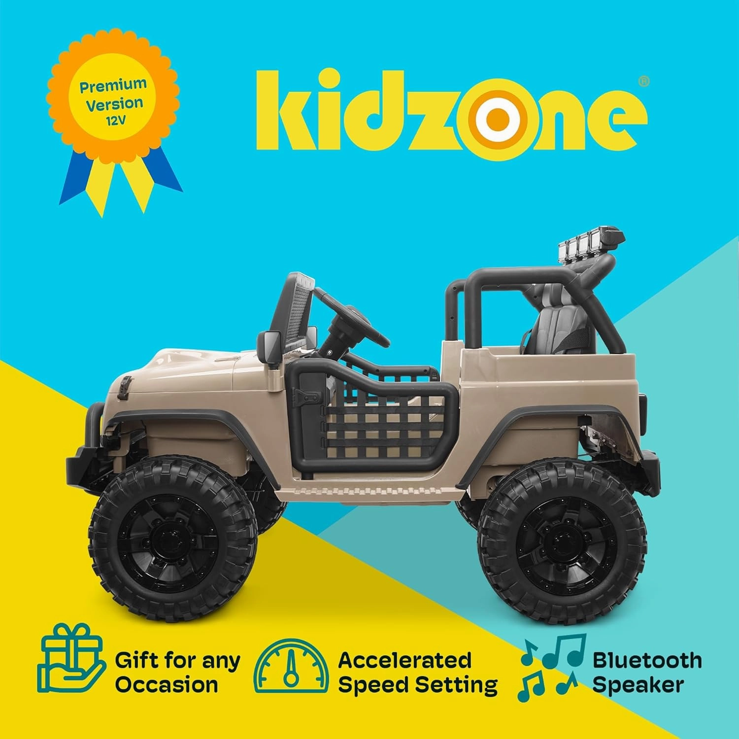 Kidzone Ride On Truck Car 12V 3.8 MPH Kids 2-Seater Electric Vehicles w/Personalize License Plate, 4-Wheeler Suspension, Parent Remote Control, MP3, 3 Speeds, LED Lights, Bluetooth, Radio - Sand