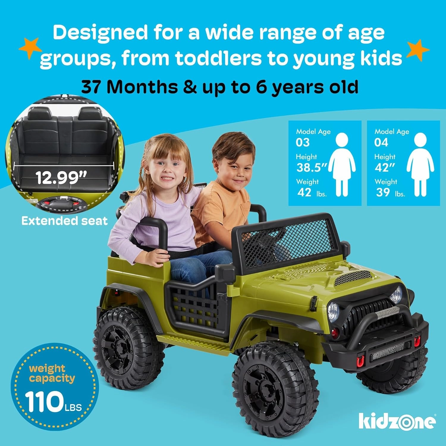 Kidzone Ride On Truck Car 12V 3.8 MPH Kids 2-Seater Electric Vehicles w/Personalize License Plate, 4-Wheeler Suspension, Parent Remote Control, MP3, 3 Speeds, LED Lights, Bluetooth, Radio - Sand