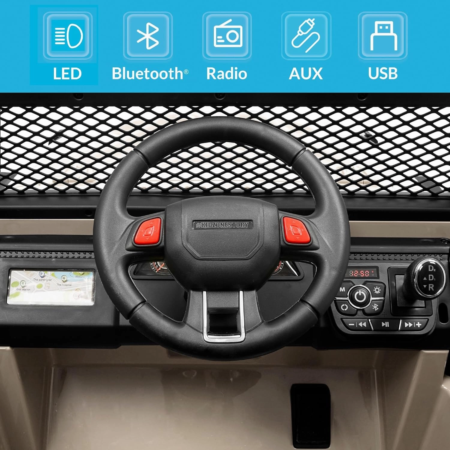 Kidzone Ride On Truck Car 12V 3.8 MPH Kids 2-Seater Electric Vehicles w/Personalize License Plate, 4-Wheeler Suspension, Parent Remote Control, MP3, 3 Speeds, LED Lights, Bluetooth, Radio - Sand