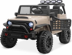 Kidzone Ride On Truck Car 12V 3.8 MPH Kids 2-Seater Electric Vehicles w/Personalize License Plate, 4-Wheeler Suspension, Parent Remote Control, MP3, 3 Speeds, LED Lights, Bluetooth, Radio - Sand
