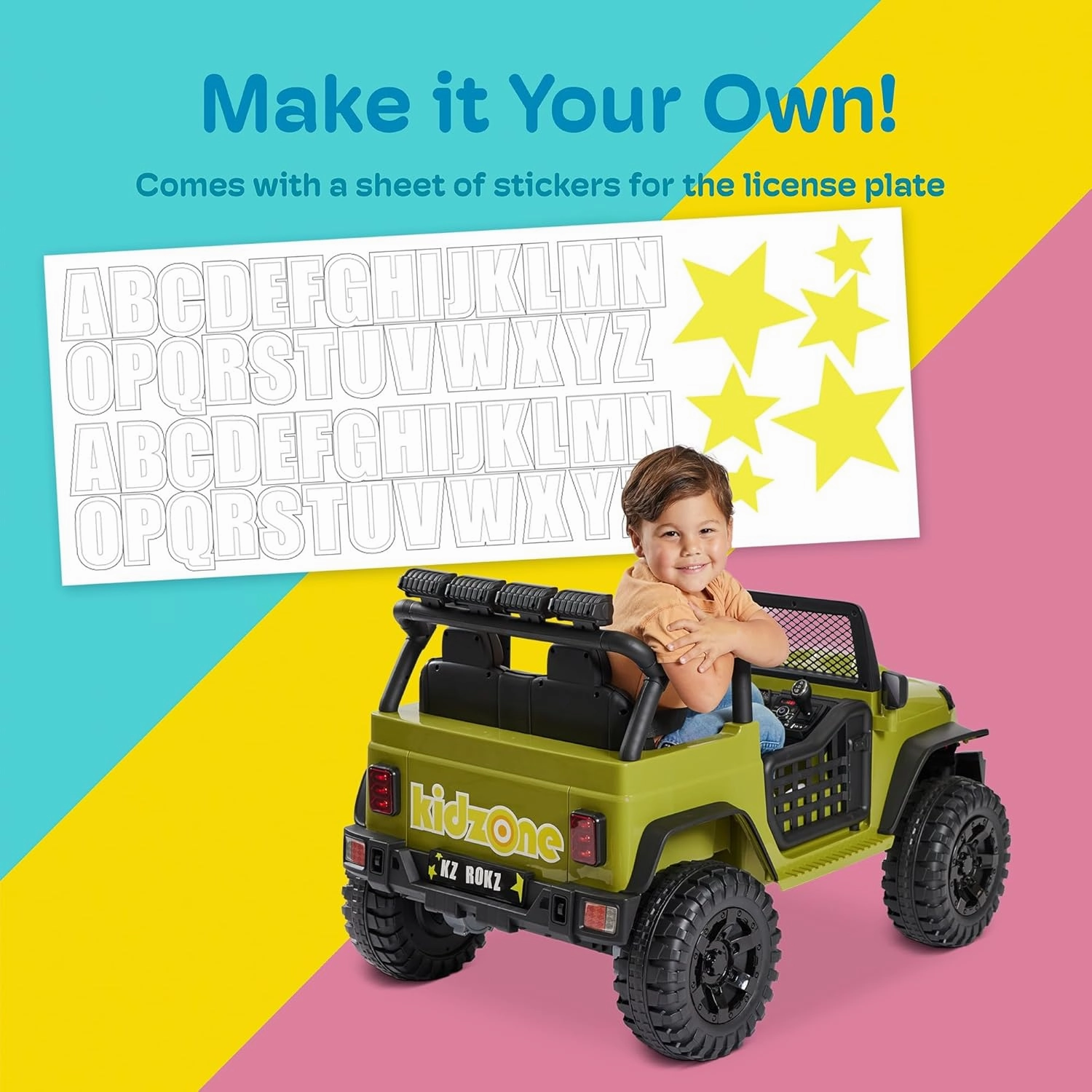 Kidzone Ride On Truck Car 12V 3.8 MPH Kids 2-Seater Electric Vehicles w/Personalize License Plate, 4-Wheeler Suspension, Parent Remote Control, MP3, 3 Speeds, LED Lights, Bluetooth, Radio - Sand