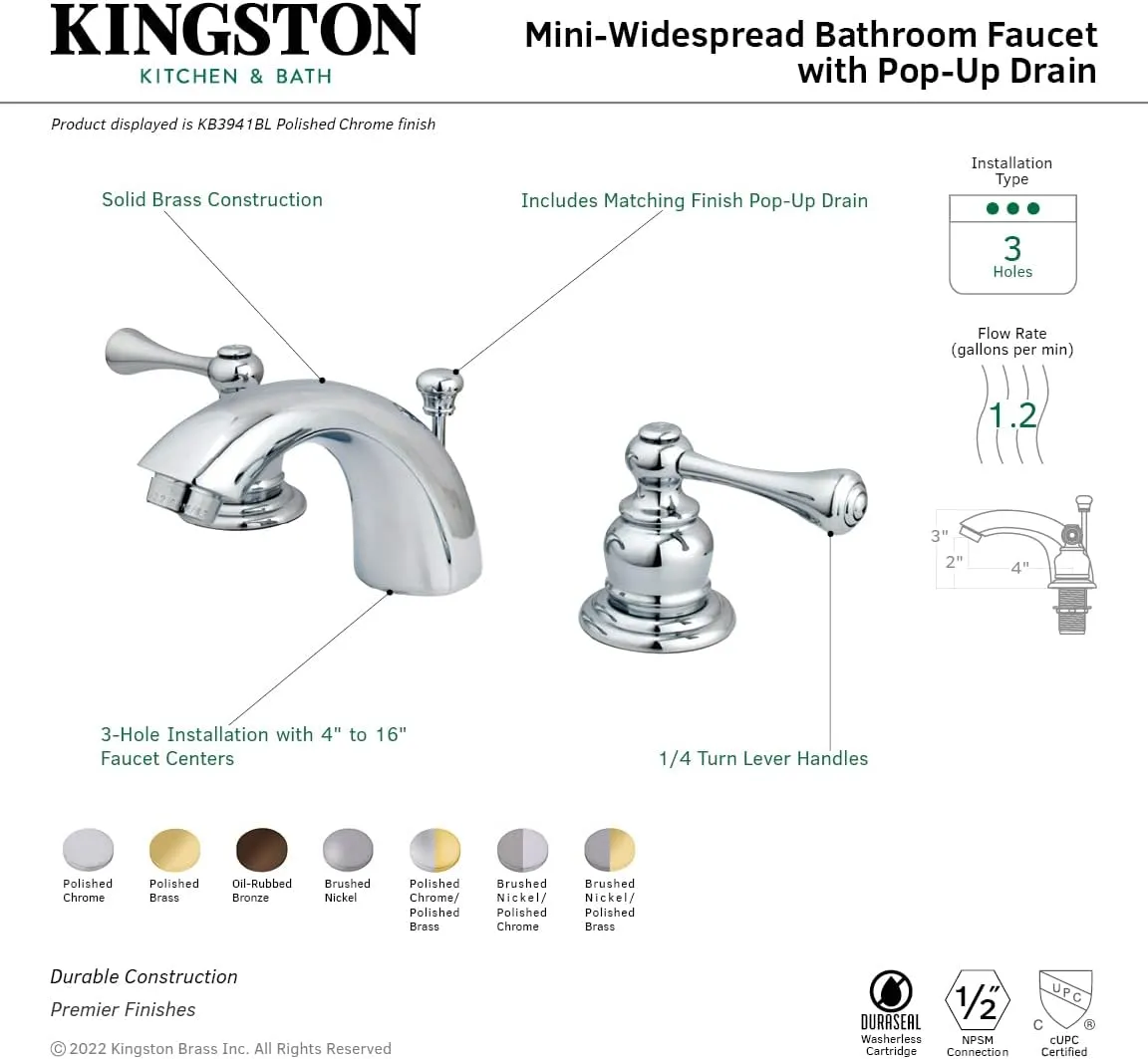 Kingston Brass KB3941BL Vintage Classic Mini Widespread Lavatory Faucet, Polished Chrome