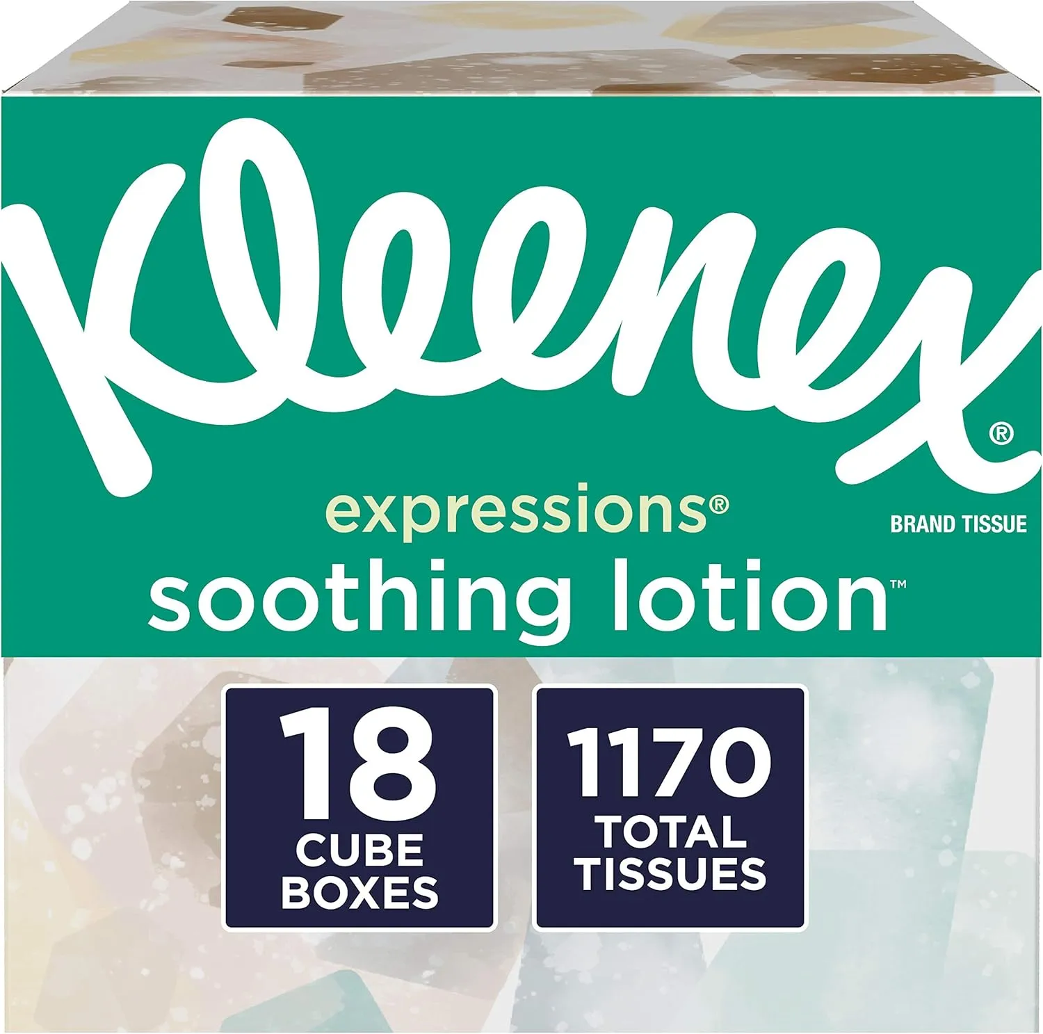 Kleenex Expressions Soothing Lotion Facial Tissues, 18 Cube Boxes, 65 Tissues Per Box (1,170 Tissues Total), Coconut Oil, Aloe & Vitamin E