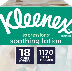 Kleenex Expressions Soothing Lotion Facial Tissues, 18 Cube Boxes, 65 Tissues Per Box (1,170 Tissues Total), Coconut Oil, Aloe & Vitamin E