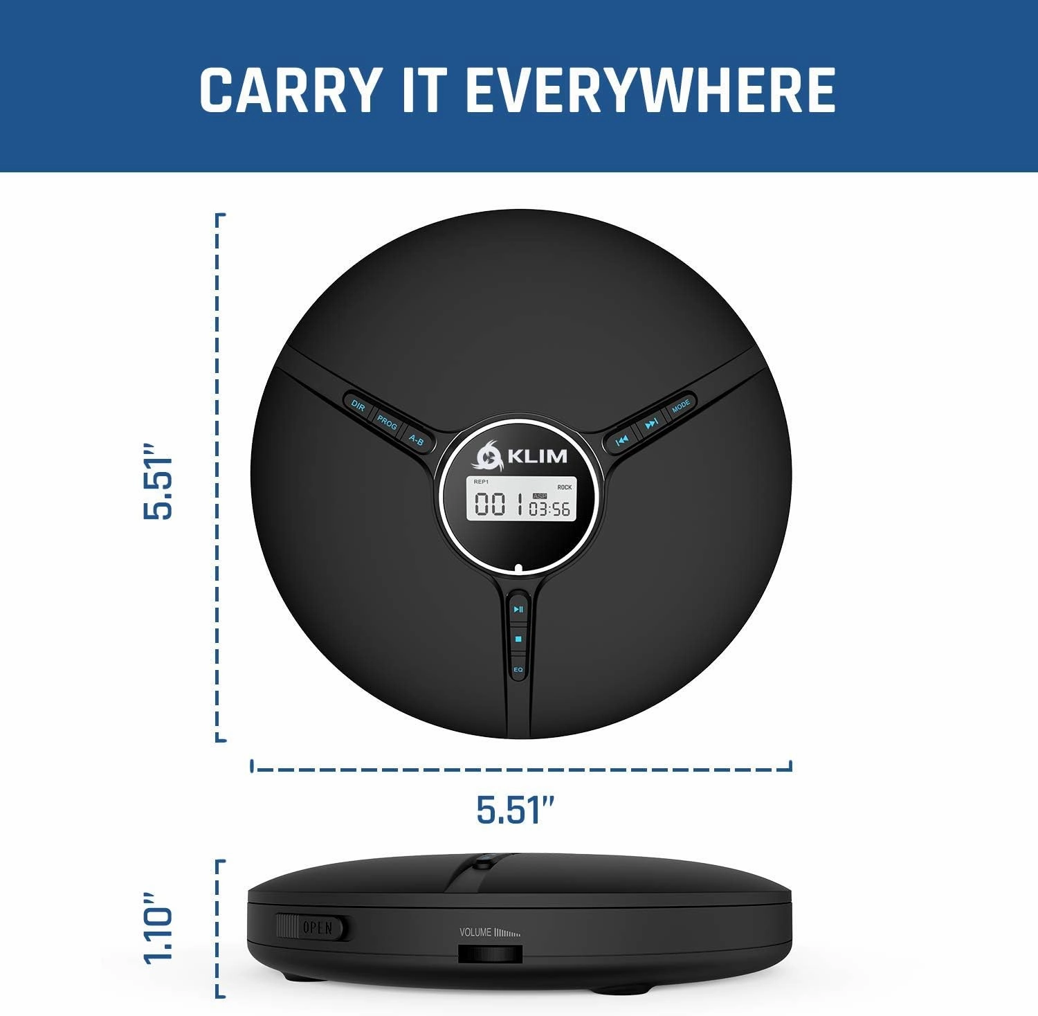 KLIM Discman Portable CD Player with Headphones, Built-in Battery - New - CD Players for Home, Car - Compatible w/SD Card, CD, CD-R, CD-RW, MP3, WMA - 5 EQ Effects - Walkman CD Player - Black