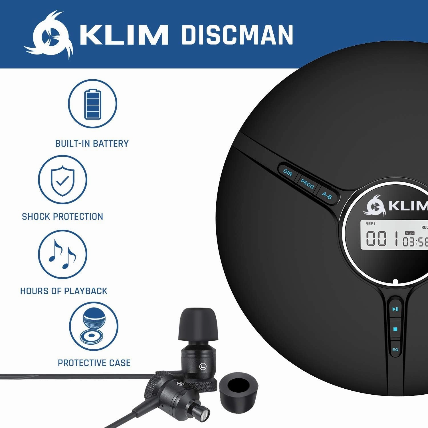 KLIM Discman Portable CD Player with Headphones, Built-in Battery - New - CD Players for Home, Car - Compatible w/SD Card, CD, CD-R, CD-RW, MP3, WMA - 5 EQ Effects - Walkman CD Player - Black