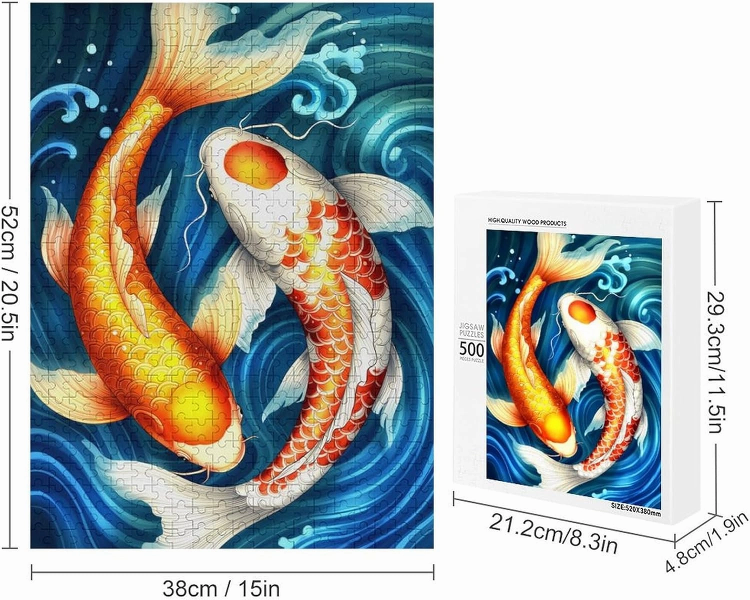 Koi Fish Puzzle 500 Pieces – Colorful Fish Swimming in Pond, Elegant Nature Wooden Jigsaw Puzzle for Garden and Art Enthusiasts