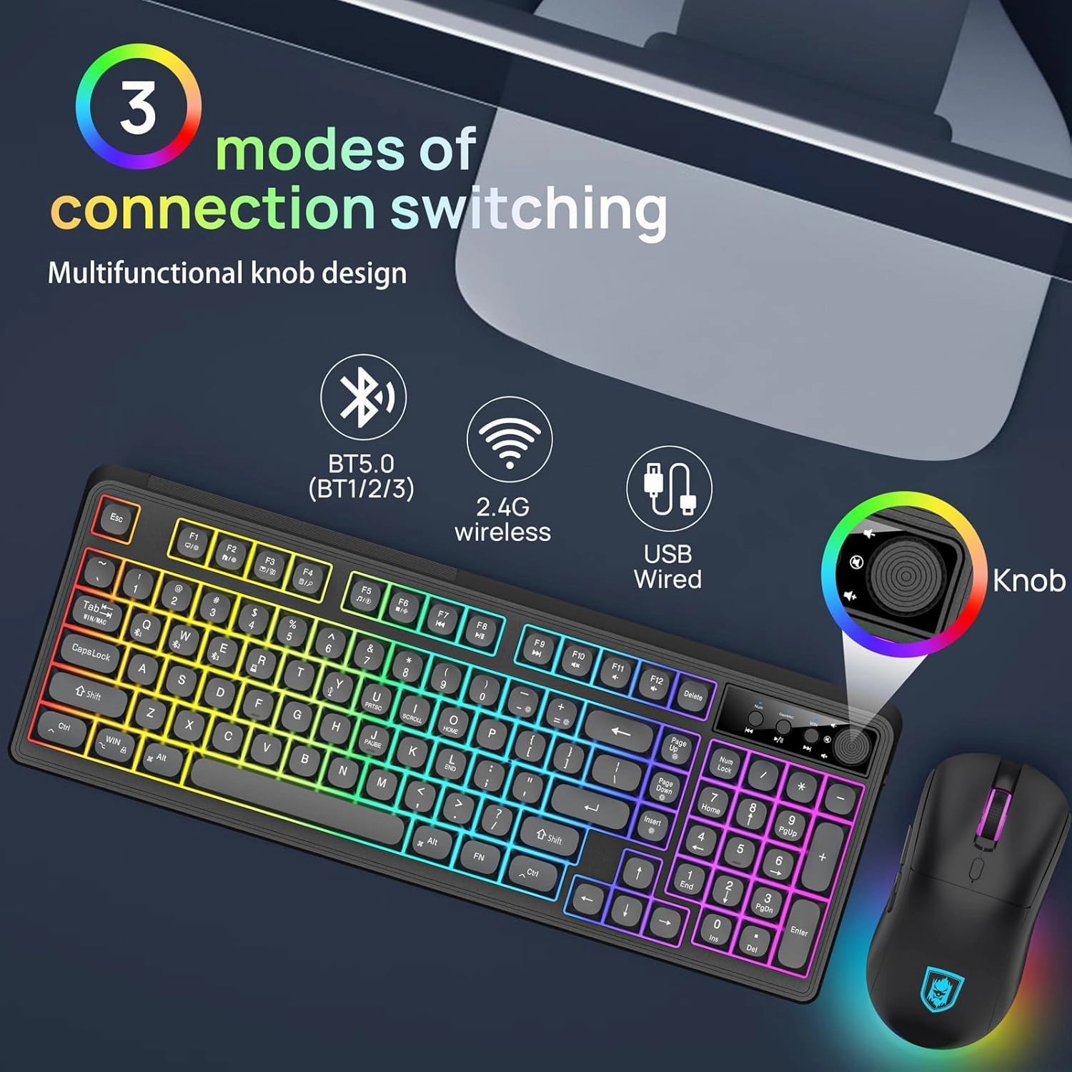 KOLMAX BT98 Wireless Keyboard and Mouse Combo,Triple Mode 2.4G/Wired/Bluetooth Gaming Keyboard and Mouse,Rechargeable Ergonomic RGB Backlit Light Up Keyboard Mouse with Knob for PC/Mac/Tablet
