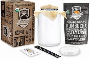 Kombucha Essentials Kit - Includes USDA Organic Kombucha SCOBY   1-Gallon Glass Fermenting Jar with Breathable Cover   pH Strips   Rubber Band   Adhesive Thermometer - Brew kombucha at Home