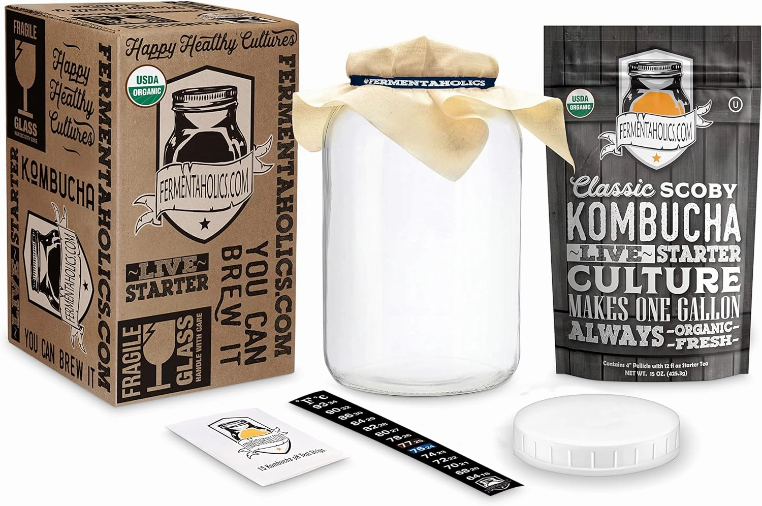 Kombucha Essentials Kit - Includes USDA Organic Kombucha SCOBY   1-Gallon Glass Fermenting Jar with Breathable Cover   pH Strips   Rubber Band   Adhesive Thermometer - Brew kombucha at Home