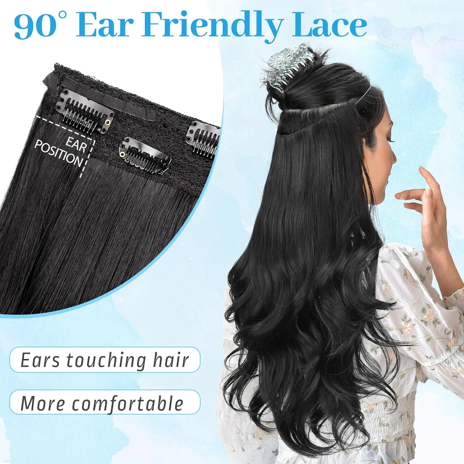 KooKaStyle Invisible Wire Hair Extensions Long Wavy Layered Synthetic Hair Extensions with Transparent Wire Adjustable Size 6 Secure Clips Black Hairpieces for Women 20 Inch