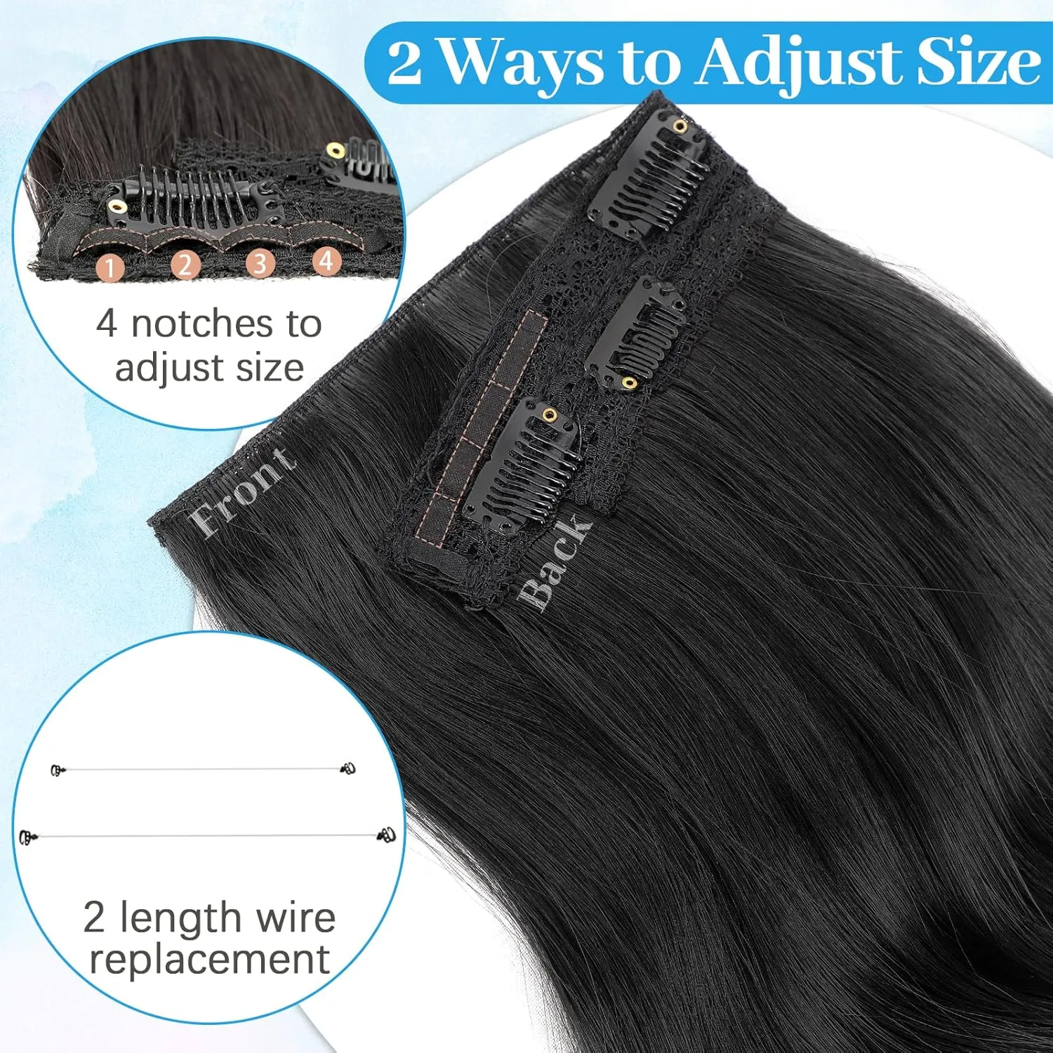 KooKaStyle Invisible Wire Hair Extensions Long Wavy Layered Synthetic Hair Extensions with Transparent Wire Adjustable Size 6 Secure Clips Black Hairpieces for Women 20 Inch