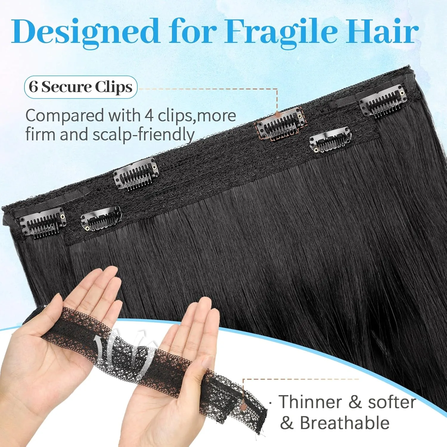 KooKaStyle Invisible Wire Hair Extensions Long Wavy Layered Synthetic Hair Extensions with Transparent Wire Adjustable Size 6 Secure Clips Black Hairpieces for Women 20 Inch