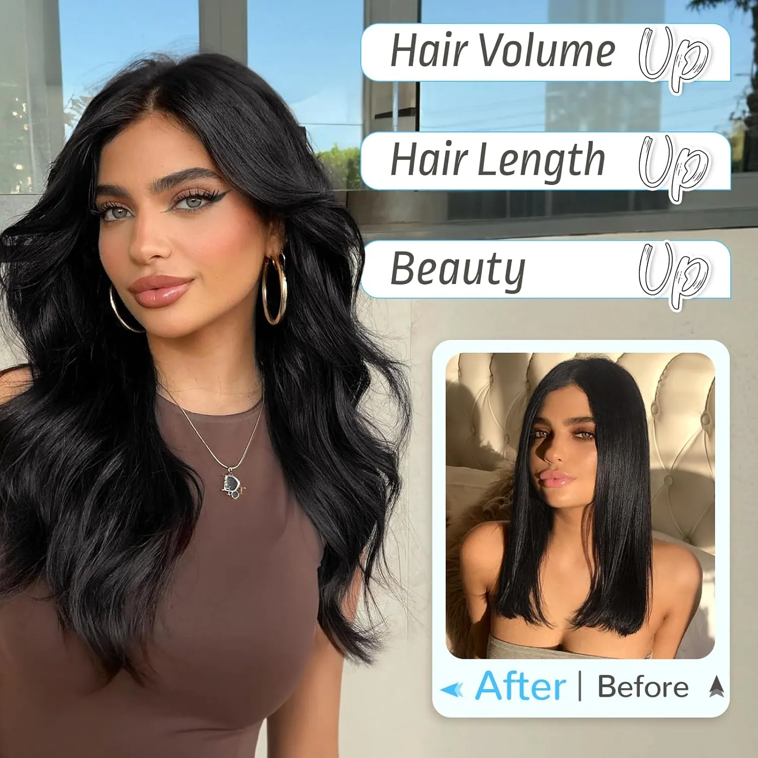 KooKaStyle Invisible Wire Hair Extensions Long Wavy Layered Synthetic Hair Extensions with Transparent Wire Adjustable Size 6 Secure Clips Black Hairpieces for Women 20 Inch