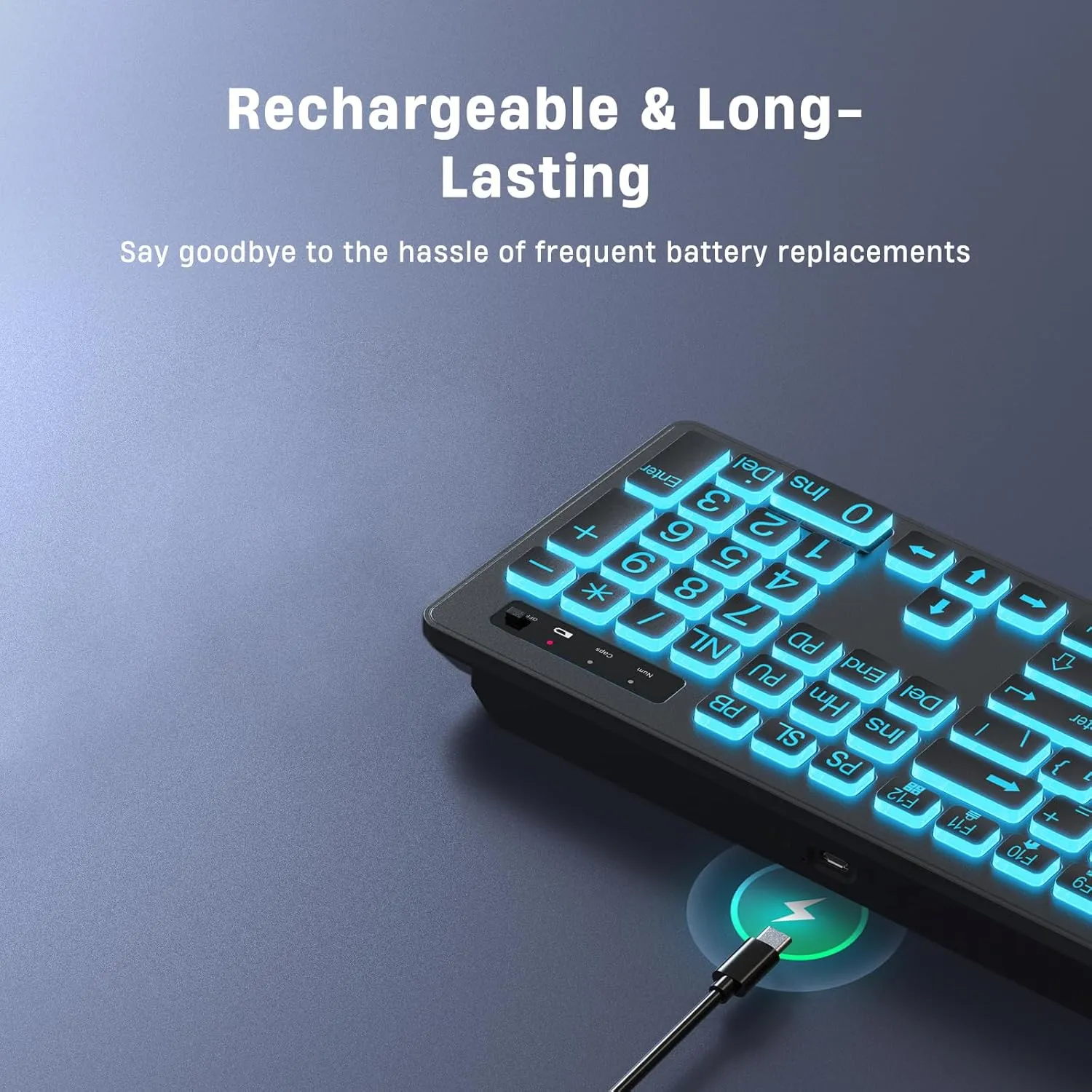 Large Print Backlit Wireless Keyboard, 2.4G Silent Wireless Light Up Keyboard, Full Size Computer Keyboards with 7 Colored Backlits, Rechargeable Keyboards for Windows, PC, Laptop